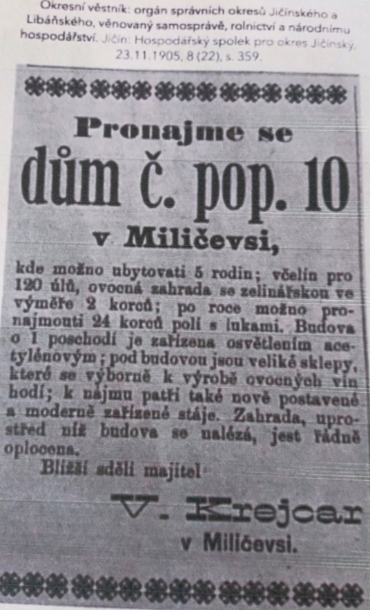 Včelín Milíčeves - inzerát k pronájmu Ing Václav Krejcar okresní věstník 1905